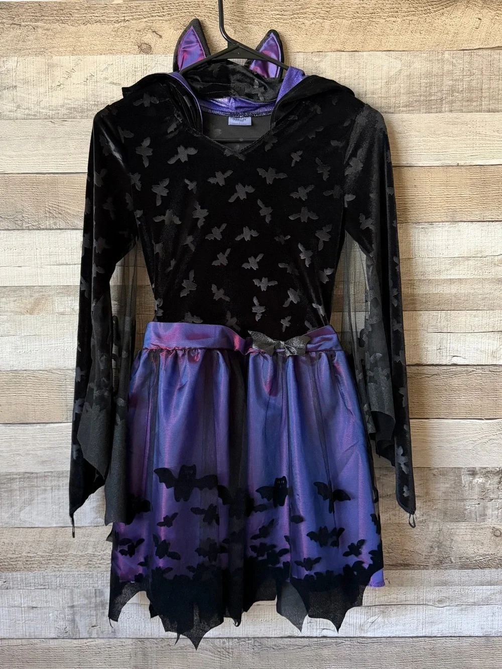 Spirit Halloween Girls Bat Costume Dress Hooded Purple Black Size Large 12-14